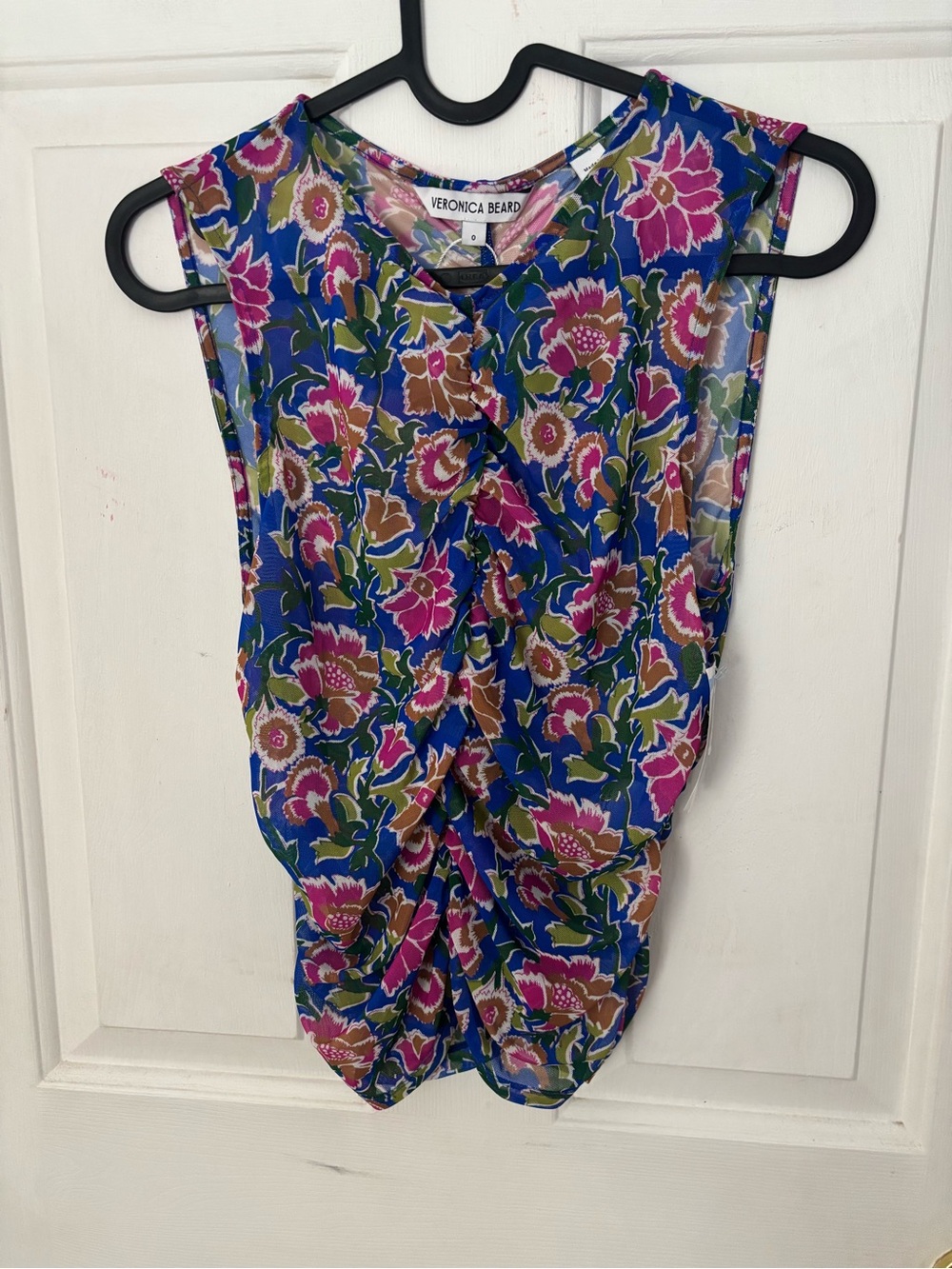 Veronica Beard Blue Floral Twist-Front Sleeveless Top